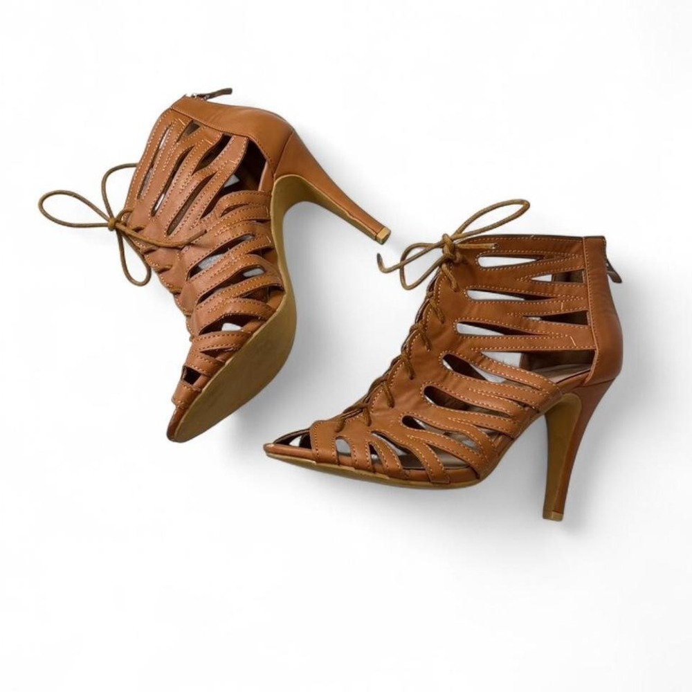 Top Moda Brown Caged Lace Up Stiletto Heels, Women's Size 8.5